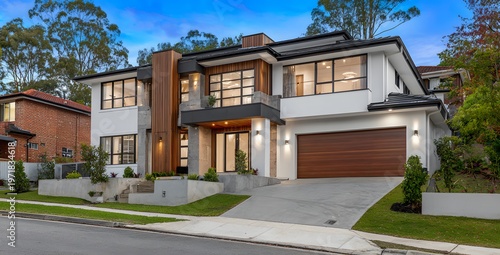 Modern two-story house with white and brown exterior