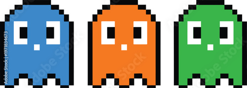 a vibrant display of three classic pixelated pacman ghosts in blue orange and green colors providing nostalgic arcade memories high quality