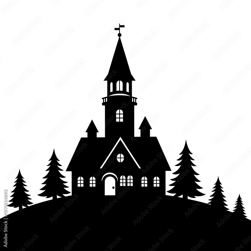 Obraz premium Silhouette of a Church on a Hill: A dramatic silhouette of a church stands atop a gentle hill, surrounded by the stark silhouettes of evergreen trees, creating a visual symphony of shadows and shapes.