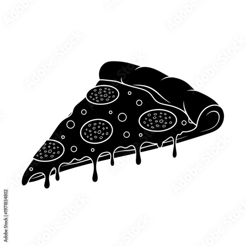 Pizza Slice Silhouette: A minimalist, high-contrast silhouette of a delectable pizza slice, showcasing the iconic shape, toppings, and the enticing drip of melted cheese.