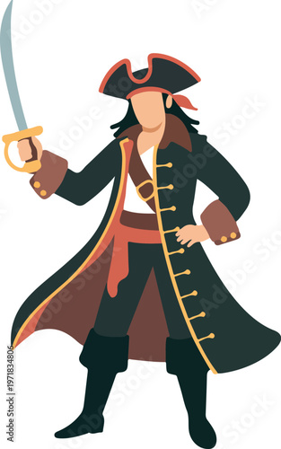 Stylized pirate figure in detailed costume holding rapier with hat and coat bold cartoon vector illustration