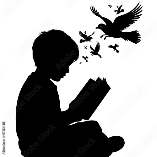 Silhouette of a Boy Reading: A silhouette of a young boy engrossed in a book, with a flock of birds taking flight, symbolizes imagination and freedom through knowledge.