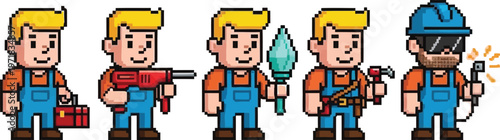 a pixel art depiction showcases five different male characters each representing a unique profession with tools high quality professional detailed modern
