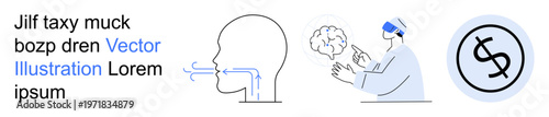 Innovation, virtual reality in medicine, breathing science, cognitive studies, healthcare advancements, diagnostics. A VR user analyzing brain processes, respiratory system diagram. Medical