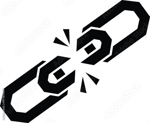 A stark black and white illustration depicts a broken chain link visually representing fragility disruption and the severing of connections