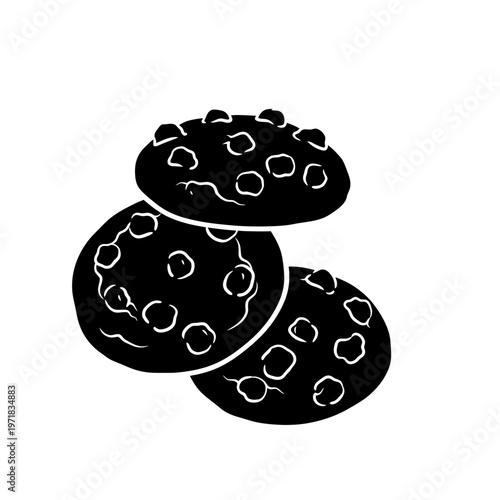 Cookie Silhouette: A charming black silhouette of three delectable cookies, each adorned with tempting chocolate chips. Perfect for culinary themed designs.