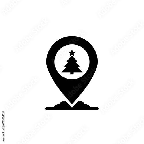 Festive Location: A simple black icon of a location pin featuring a Christmas tree, signifying the joy of the holiday season and the places where festive celebrations take place.