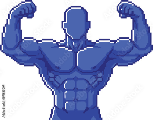 a pixel art illustration depicts a muscular blue humanoid figure flexing its biceps showcasing a detailed physique and strong form