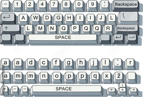 A detailed overhead view showcases a vintage computer keyboard layout featuring alphanumeric keys function buttons and other essential controls for text input