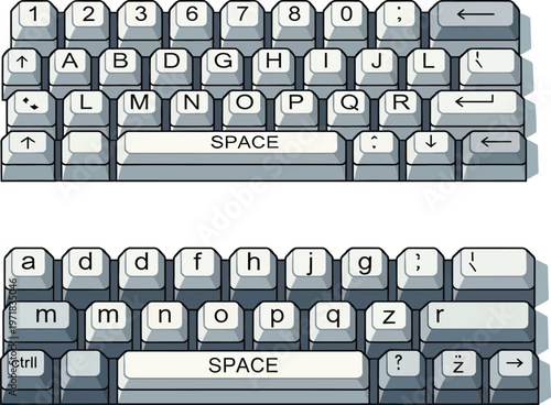 a detailed illustration showcases two separate keyboard sections one with uppercase and number keys and another with lowercase letters presented in a pixelated style