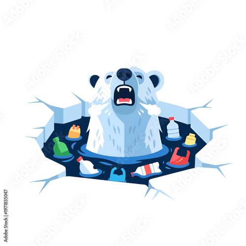 Distressed animal in polluted icy water surrounded by plastic waste