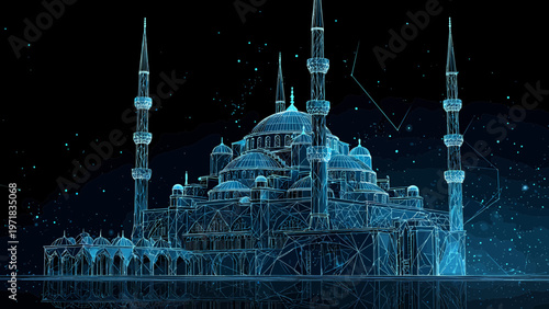 Mosque architecture appears as a luminous blue wireframe structure floating against a dark starry background.