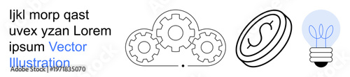 Innovation, economy, financial growth, creative thinking, brainstorming, productivity. Gears with currency symbol and a light bulb. Innovation and economy concept