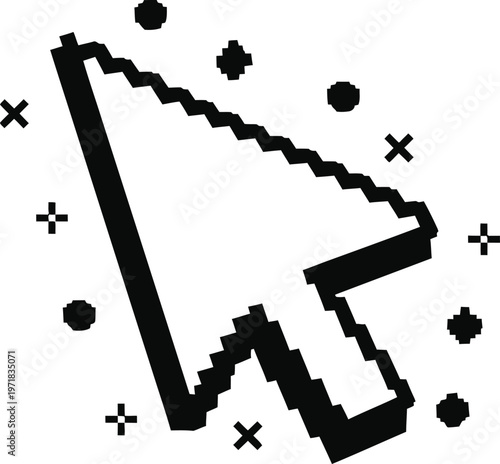 A vibrant illustration depicts a white computer cursor with a black outline surrounded by scattered black plus signs on a bright lime green background