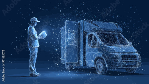 Delivery driver stands beside a glowing blue wireframe truck while inspecting a digital manifest in the dark.