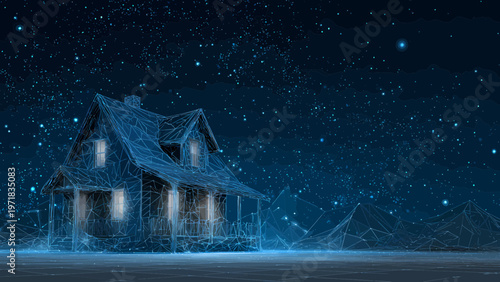 House stands illuminated by ethereal blue glowing particles within a dark, snowy night landscape to evoke a sense of quiet, magical domestic sanctuary.