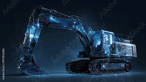 Excavator machinery glows with bioluminescent blue light particles while standing in a dark, atmospheric environment to signify modern construction technology innovation.