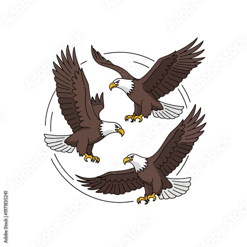 Three birds of prey in flight within a circular frame