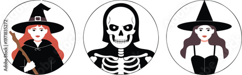 Flat Halloween vector set with two witches and skeleton badge dark fantasy spooky themed minimalist illustration