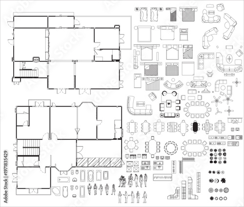 Two-Story Residential House Floor Plan Drawing with Interior Design Layout and Furniture Blocks, Architectural Top View Blueprint