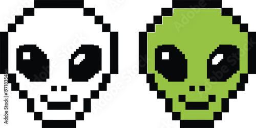 a pixel art depiction showcases two alien heads one white and one green with large black eyes and smiling expressions side by side