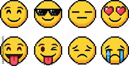 a collection of eight pixelated yellow emoticons showcases various expressions including happiness coolness sadness and affection high quality professional detailed modern