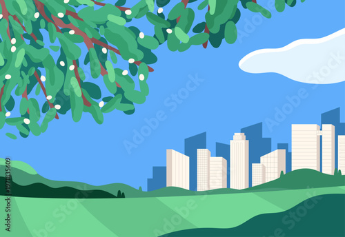 Tree with white berries and city skyline