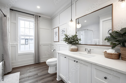 Modern white bathroom interior with wooden floor and plants