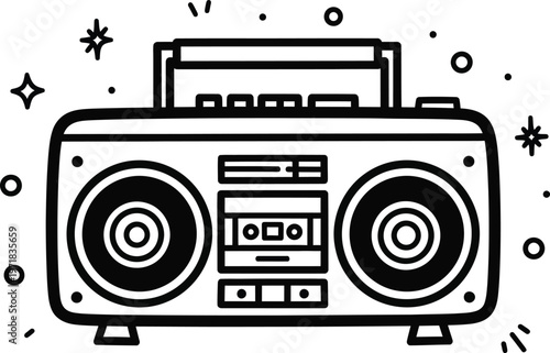 a retro boombox illustration featuring two large speakers a cassette player and decorative sparkles presented in a simple black and white line art style