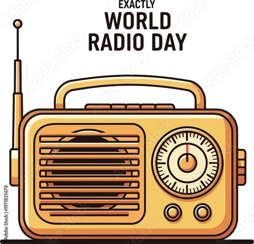 A vibrant illustration depicts a vintage portable radio with the text world radio day prominently displayed celebrating audio broadcasting high quality