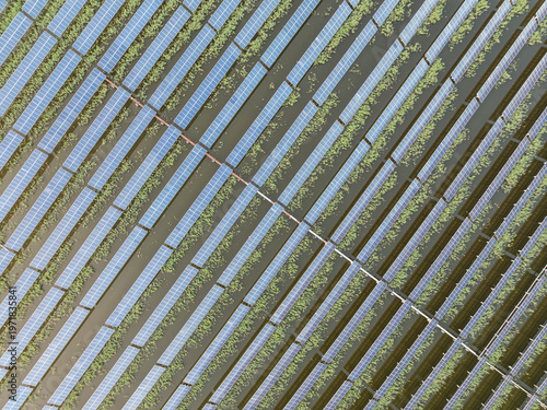 Solar photovoltaic panels on the water in the evening