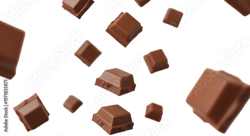 Milk chocolate squares falling and tumbling in the air