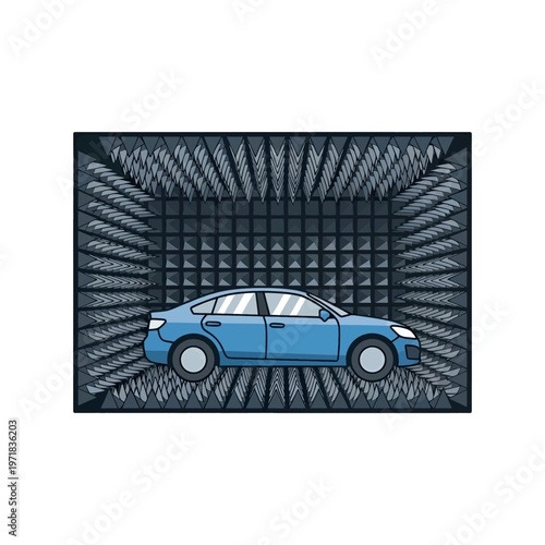 Automobile undergoing testing in a soundproof chamber