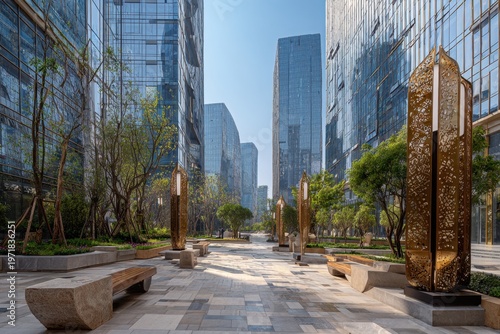 Urban plaza with modern skyscrapers and public art sculptures
