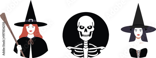 Flat Halloween vector set with two witches and skeleton badge dark fantasy spooky themed minimalist illustration