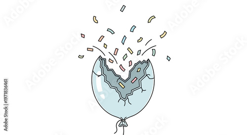 A broken blue balloon with confetti.