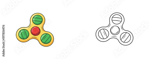 Fidget spinner toy illustrations in flat colored and black line styles with yellow green and red tones representing a modern plaything for stress relief and leisure activity
