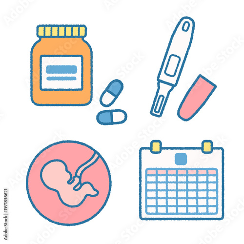 マタニティアイコン4点セット｜胎児・妊娠検査薬・サプリ・カレンダー