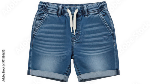 A pair of blue denim shorts on transparent background