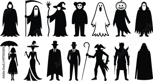 Black and white silhouette set of Halloween characters including grim reaper, ghost, knight, samurai, and cloaked figures spooky vector illustration