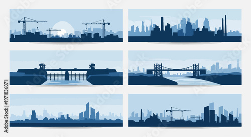 Cityscape silhouette collection construction vector illustration