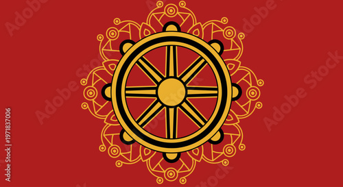 A vibrant red flag featuring the Dharma Chakra, a symbol of Buddhism, often associated with Vesak, the Day of the Full Moon, a time of spiritual significance and celebration for Buddhists worldwide