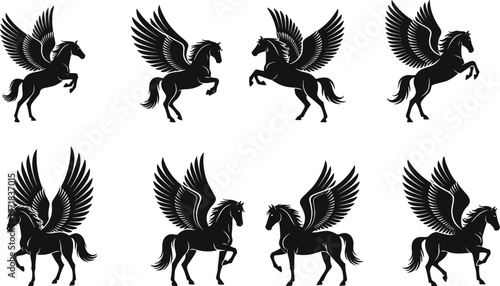 Pegasus winged horse silhouette set, mythical creature vector illustration collection, black flying horses design, fantasy emblem isolated on clean background