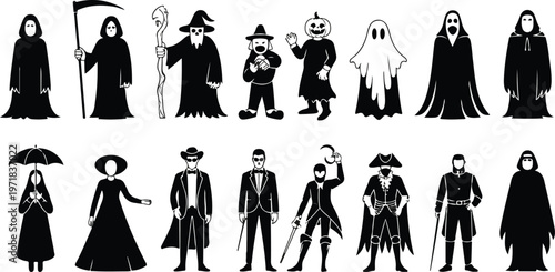 Black and white silhouette set of Halloween characters including grim reaper, ghost, knight, samurai, and cloaked figures spooky vector illustration