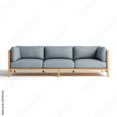 Modern blue fabric sofa with wooden frame and cushions