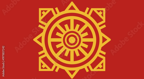 Vibrant golden Dharma wheel on a rich red background, a powerful spiritual graphic for Vesak, the Day of the Full Moon, embodying universal peace and ancient wisdom