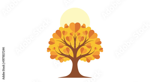 Vesak, the Day of the Full Moon A Tree Adorned with Heart-Shaped Leaves and a Radiant Sun