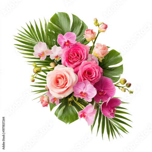 Pink rose and orchid flowers with tropical green leaves