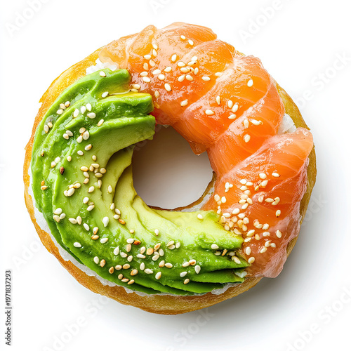Sushi doughnut with fresh salmon, avocado, and sesame seeds