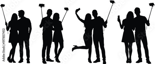 Couples taking selfies silhouettes featuring men and women using selfie sticks, smartphones, posing for photos, and enjoying digital social photography,